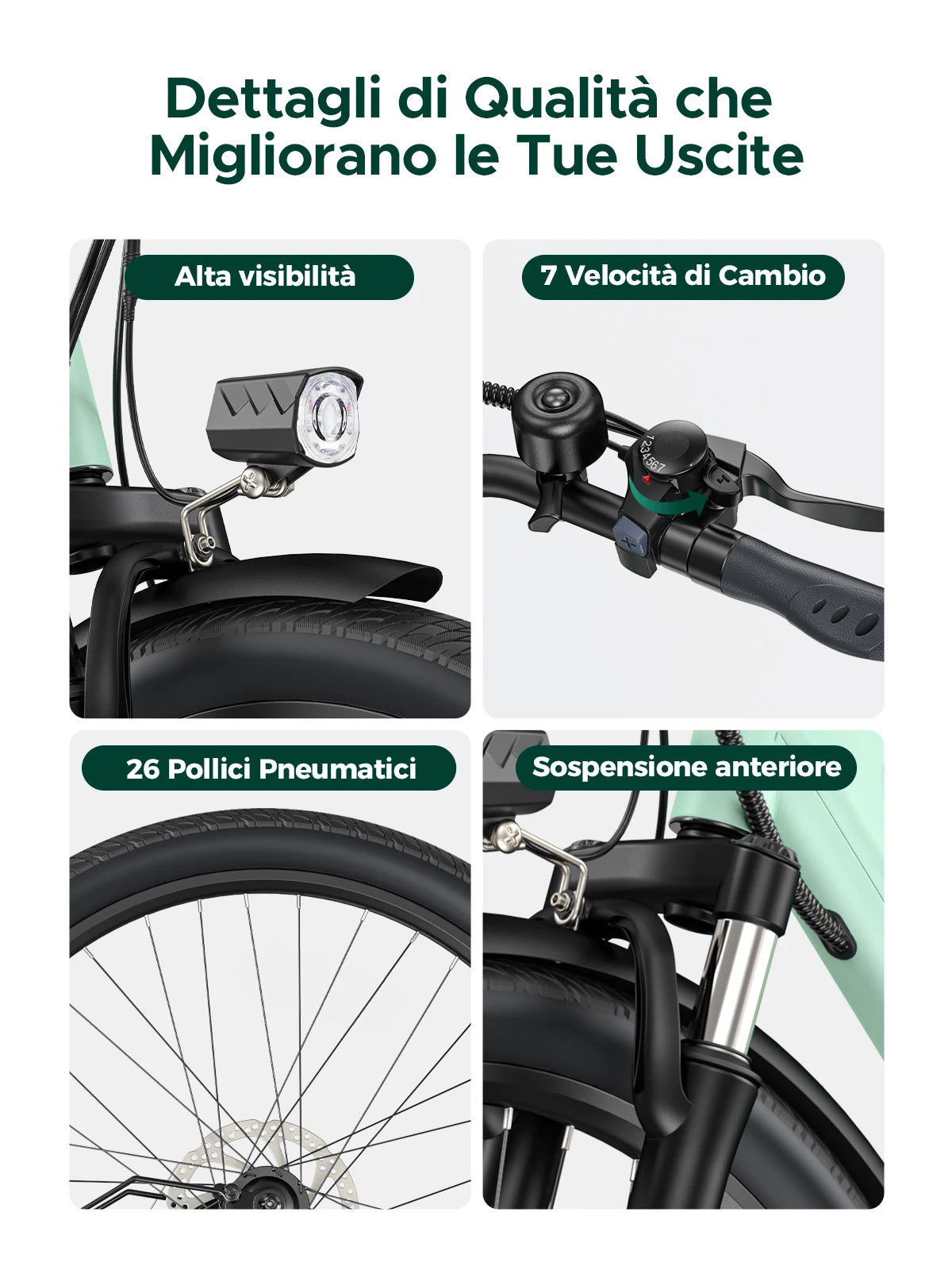 MileCity 26" E‑Bike da Città – Autonomia 120 km, Motore 250W, Batteria 36V 13Ah, 25 km/h, 7 Marce, Freni a Disco