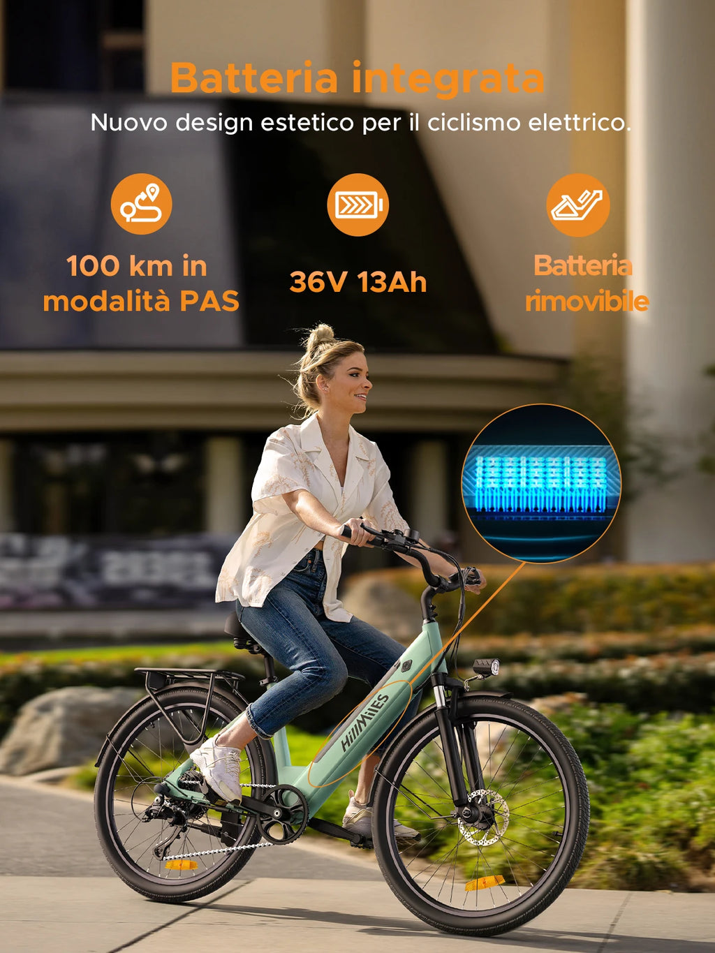MileCity 26" E‑Bike da Città – Autonomia 120 km, Motore 250W, Batteria 36V 13Ah, 25 km/h, 7 Marce, Freni a Disco