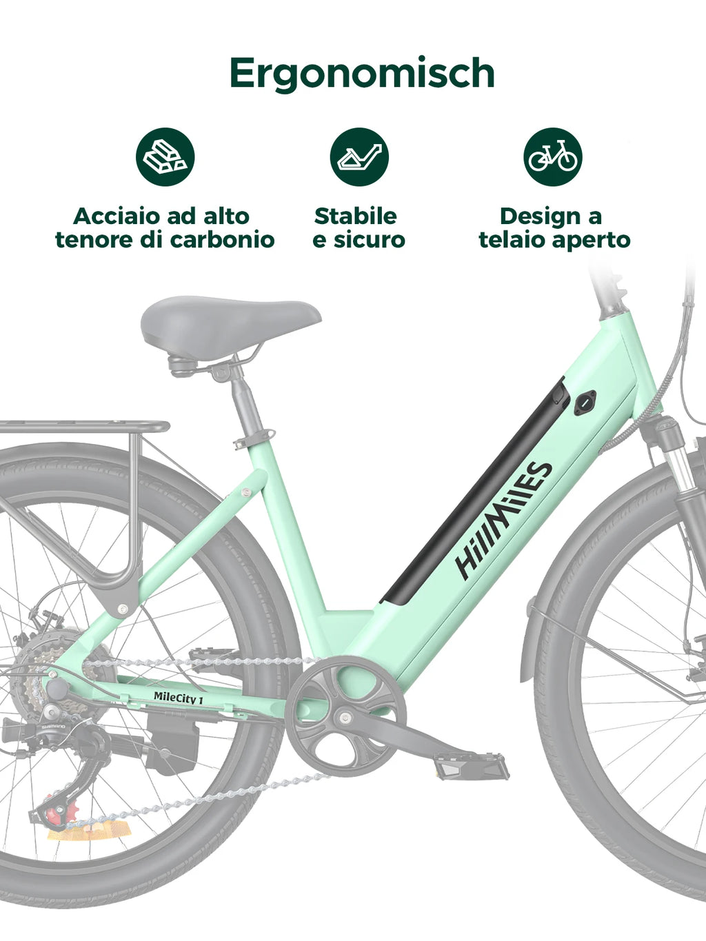 MileCity 26" E‑Bike da Città – Autonomia 120 km, Motore 250W, Batteria 36V 13Ah, 25 km/h, 7 Marce, Freni a Disco