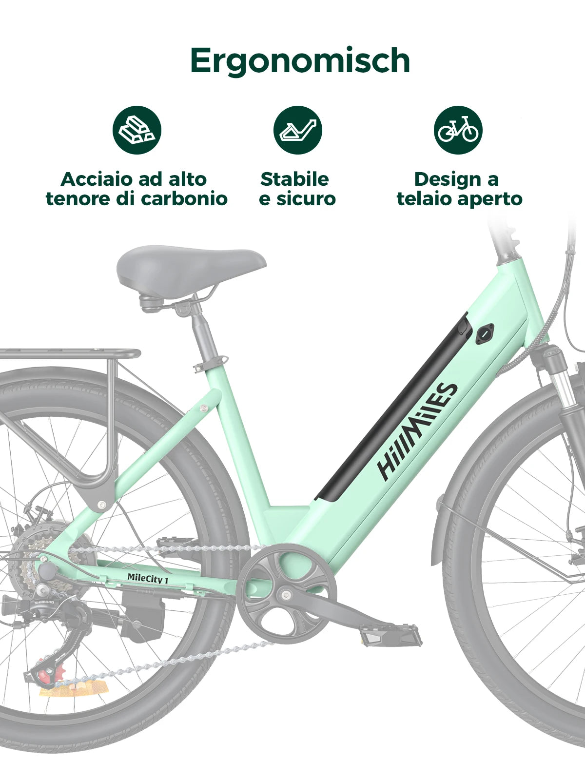 MileCity 26" E‑Bike da Città – Autonomia 120 km, Motore 250W, Batteria 36V 13Ah, 25 km/h, 7 Marce, Freni a Disco